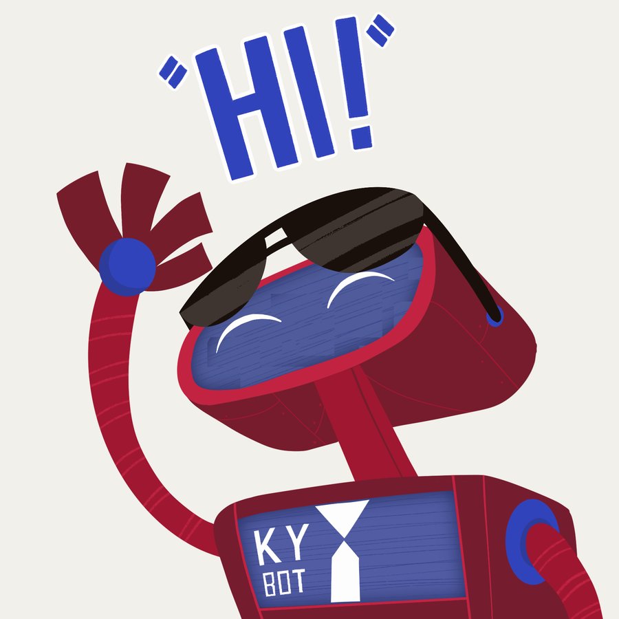 Kyzzer Bot, a red robot in sunglasses waving hi