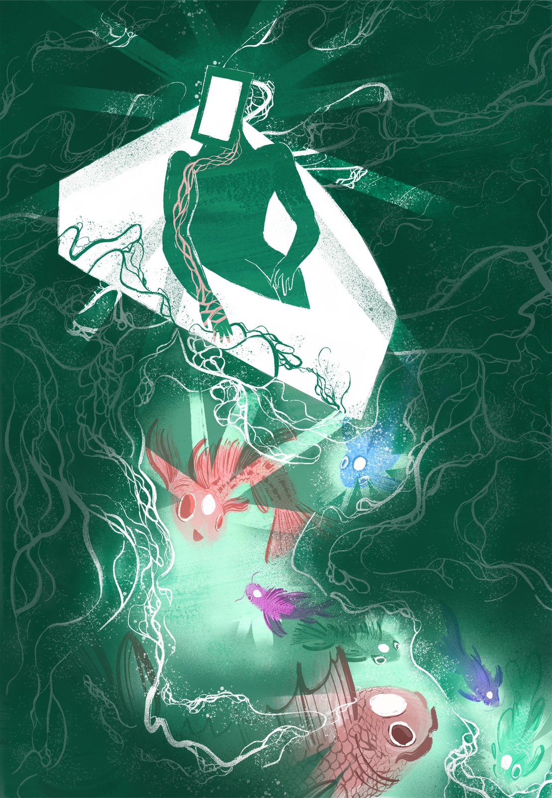 Link, a traveller guided through the dark by glowing creatures
