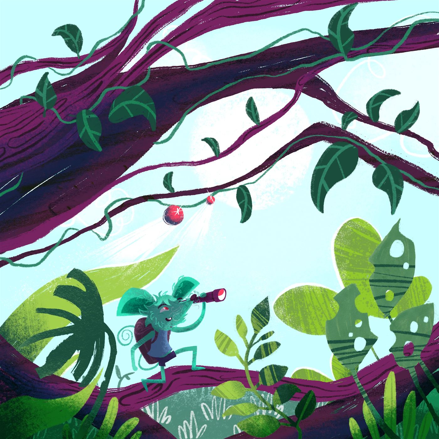 A forest sprite looking through a telescope
