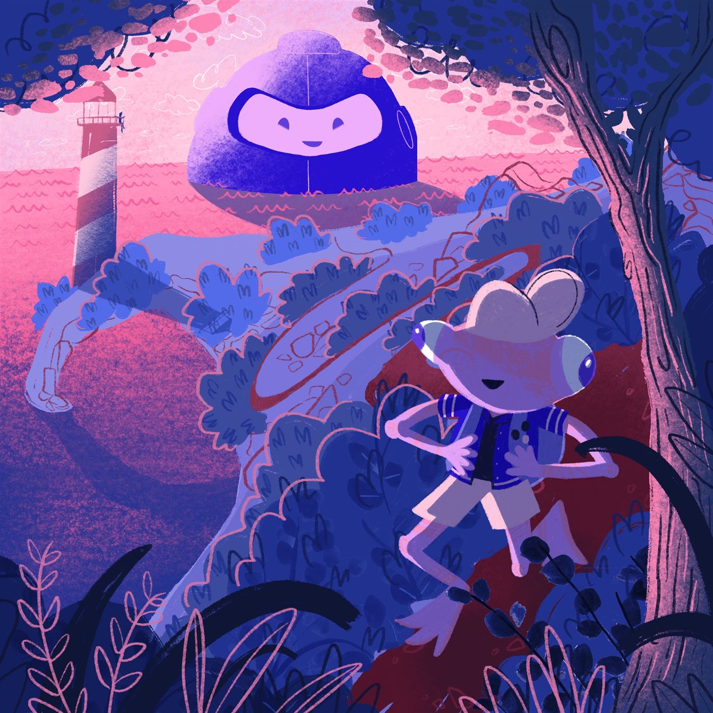 Two characters on a pink sunset beach