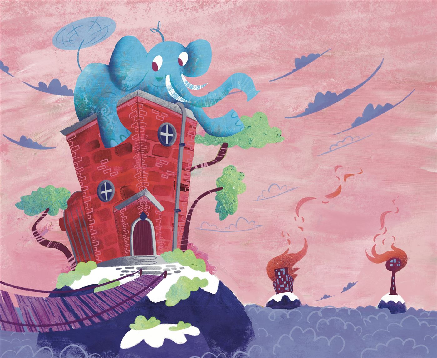 A blue elephant atop a red tower
