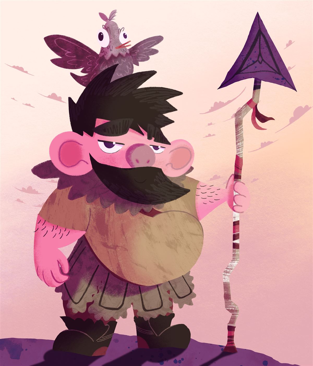 A pink warrior character with a bird companion and spear