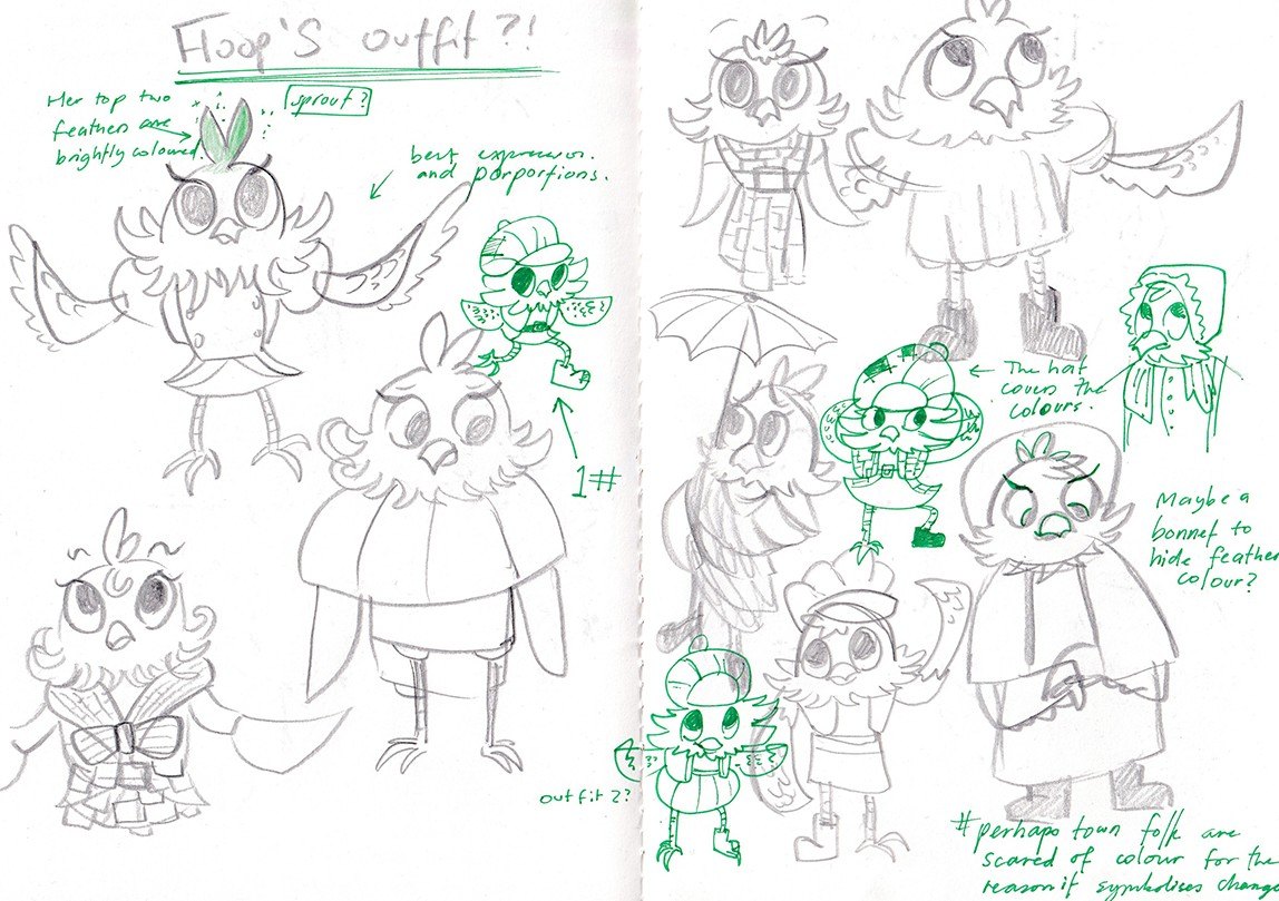 Sketchbook spread exploring Floop's outfit, with notes