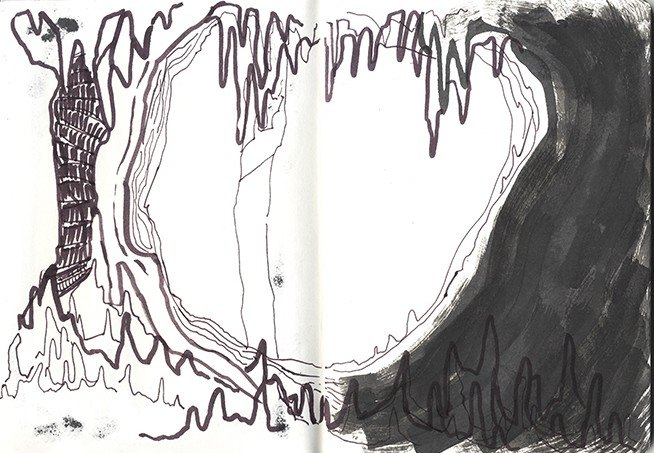 Ink sketch of a cave opening