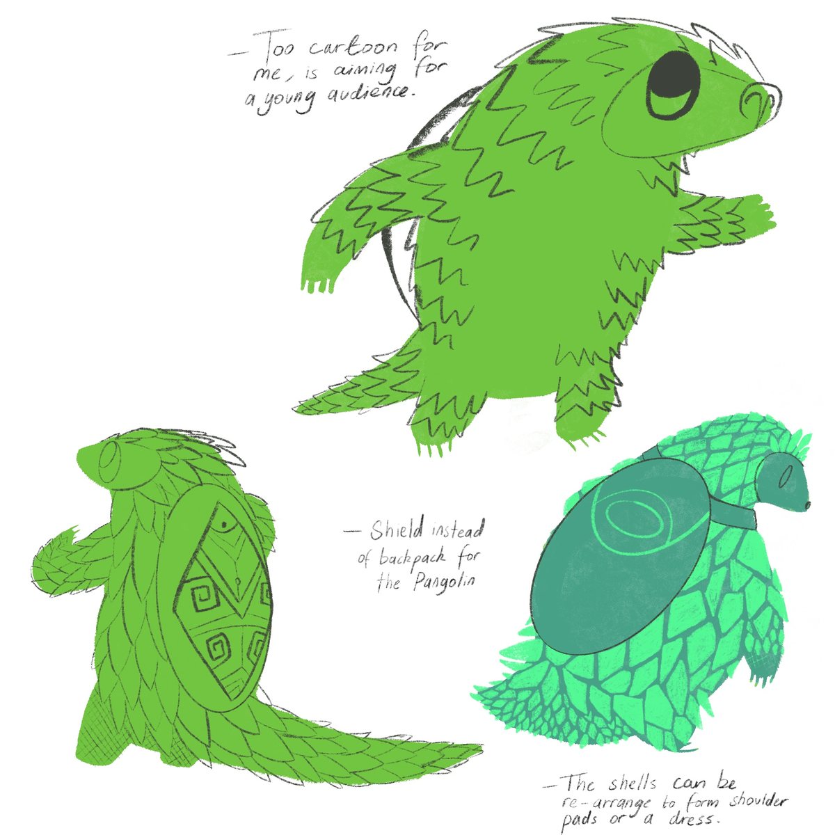 Early green sketches of Pango Lo with design notes