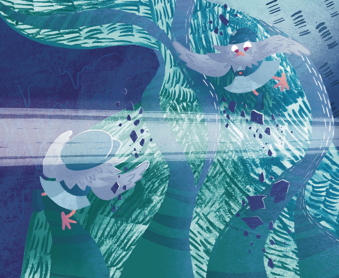 Floop escaping through glowing teal roots