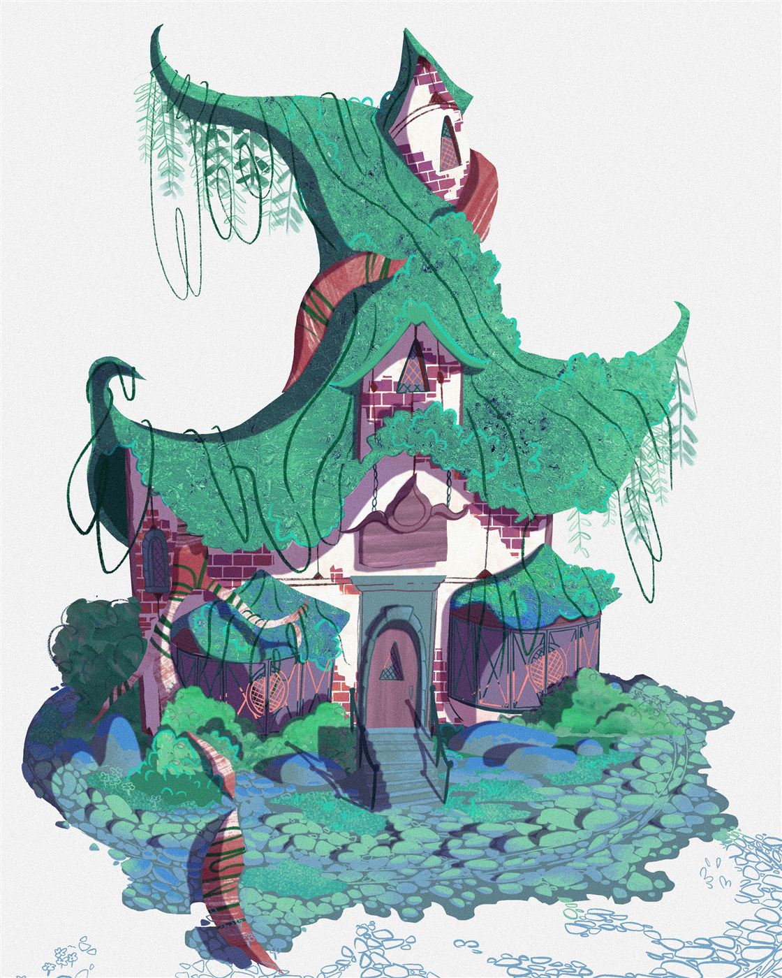 A moss-covered treehouse in the Grove