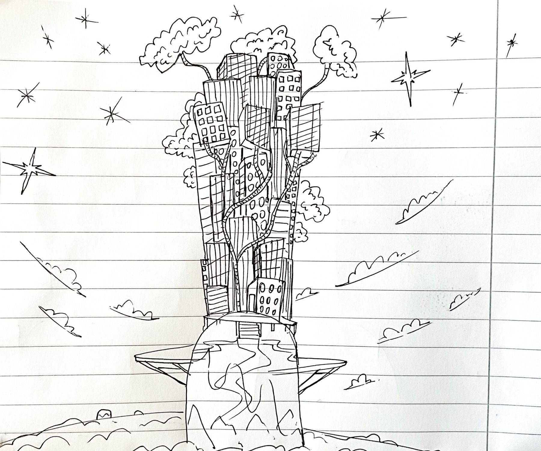 Architectural doodle, a skyscraper city growing from a tree