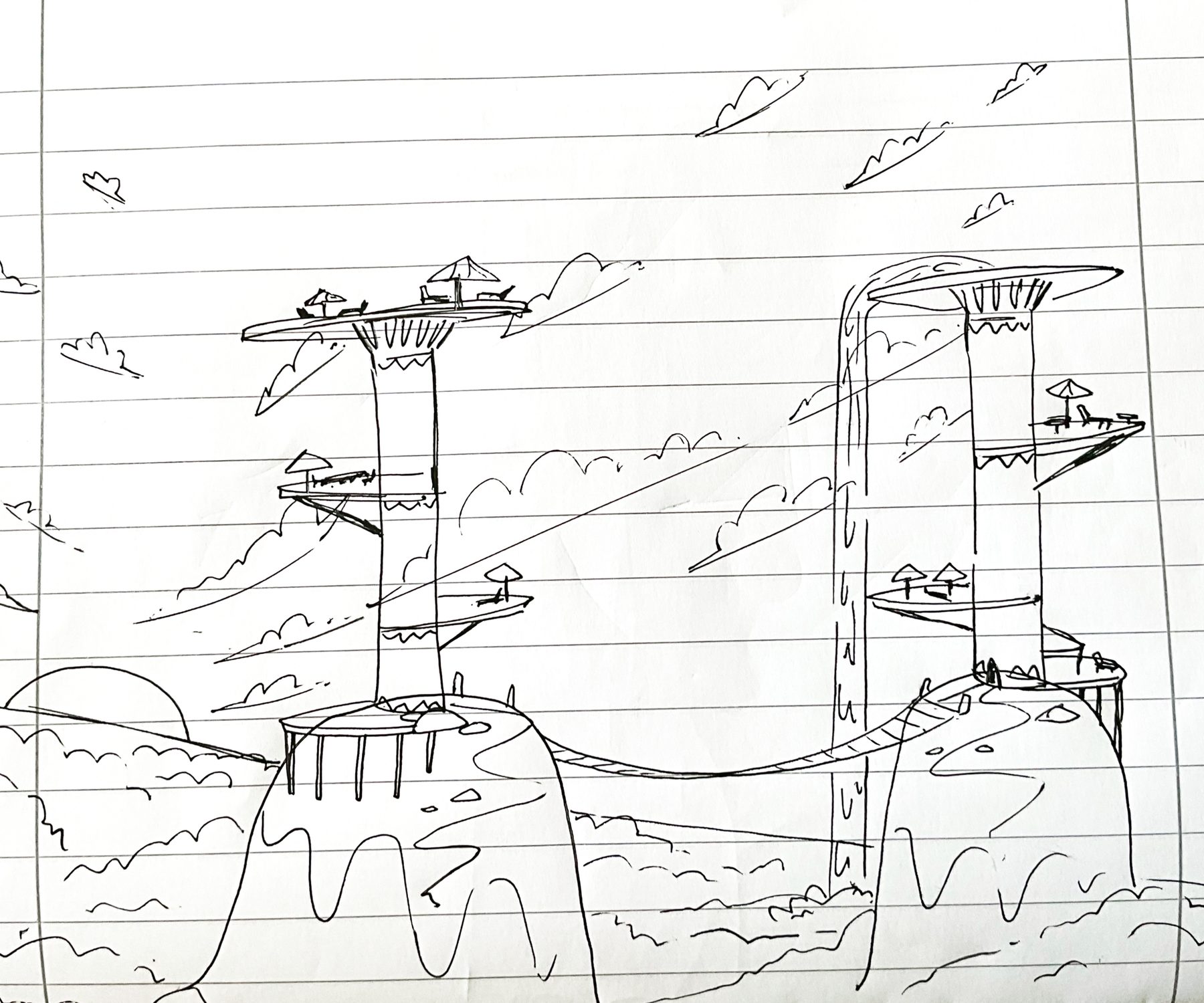 Architectural doodle, twin towers with rooftop decks