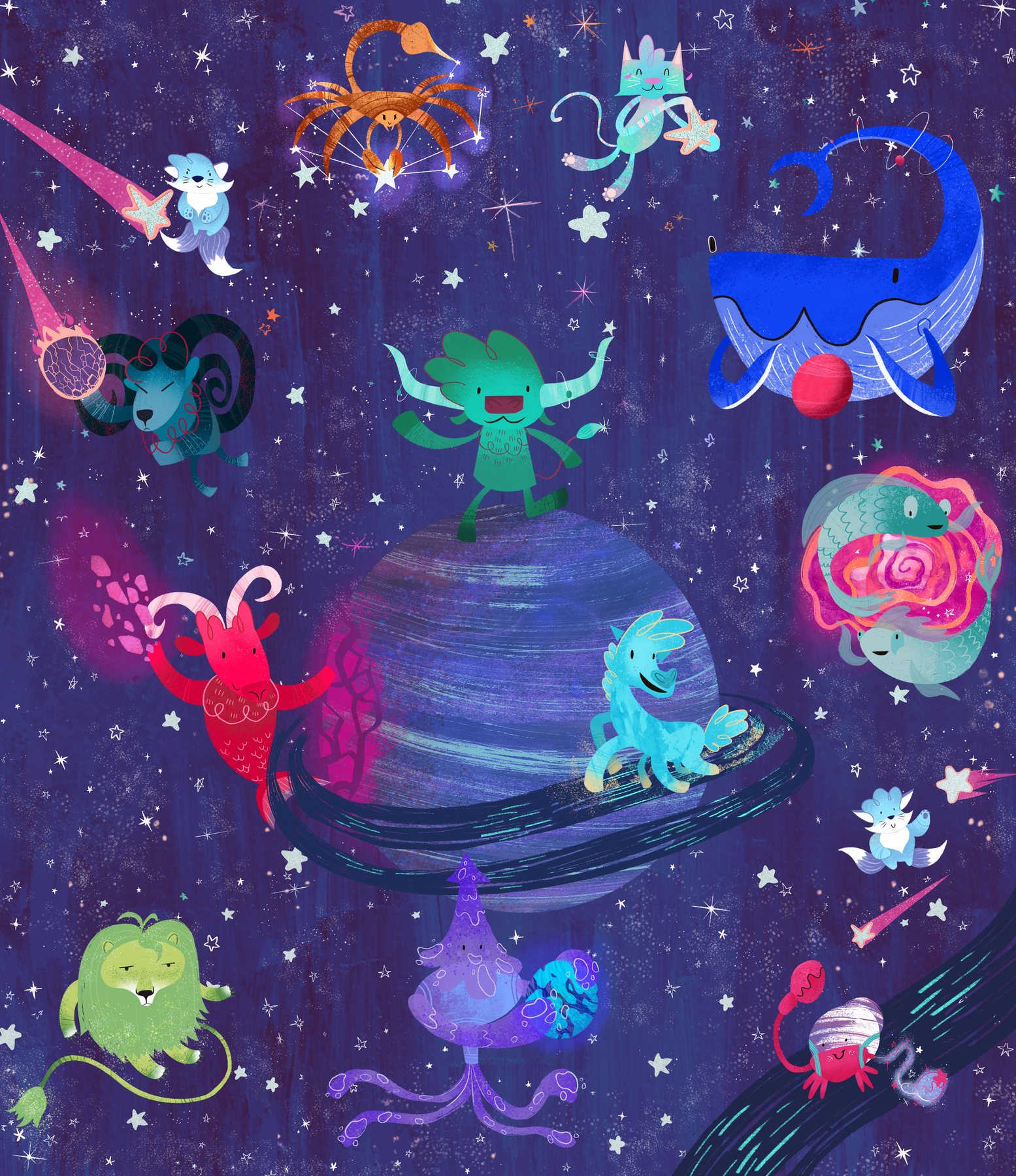 All twelve Zodiac characters together in space
